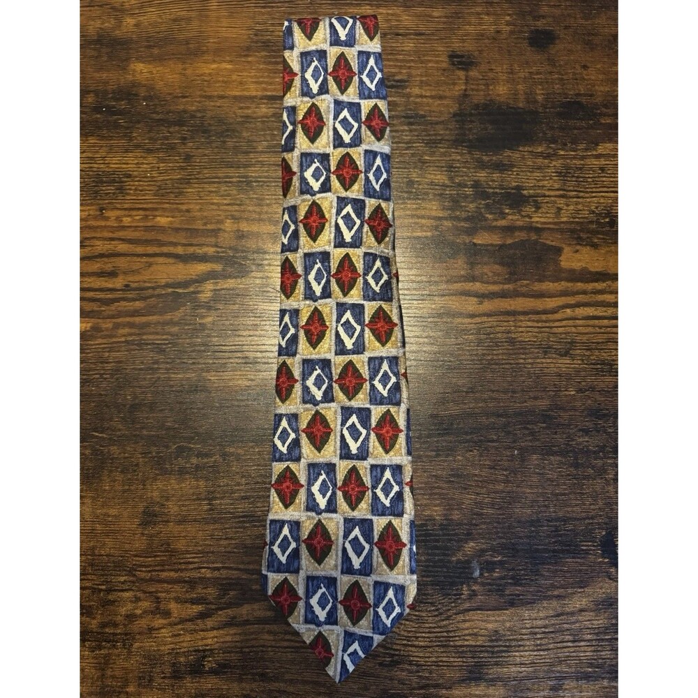 Vintage Ermenegildo Zegna Silk Tie Geometric Mosaic Tile Red Blue Gold Italy 90s